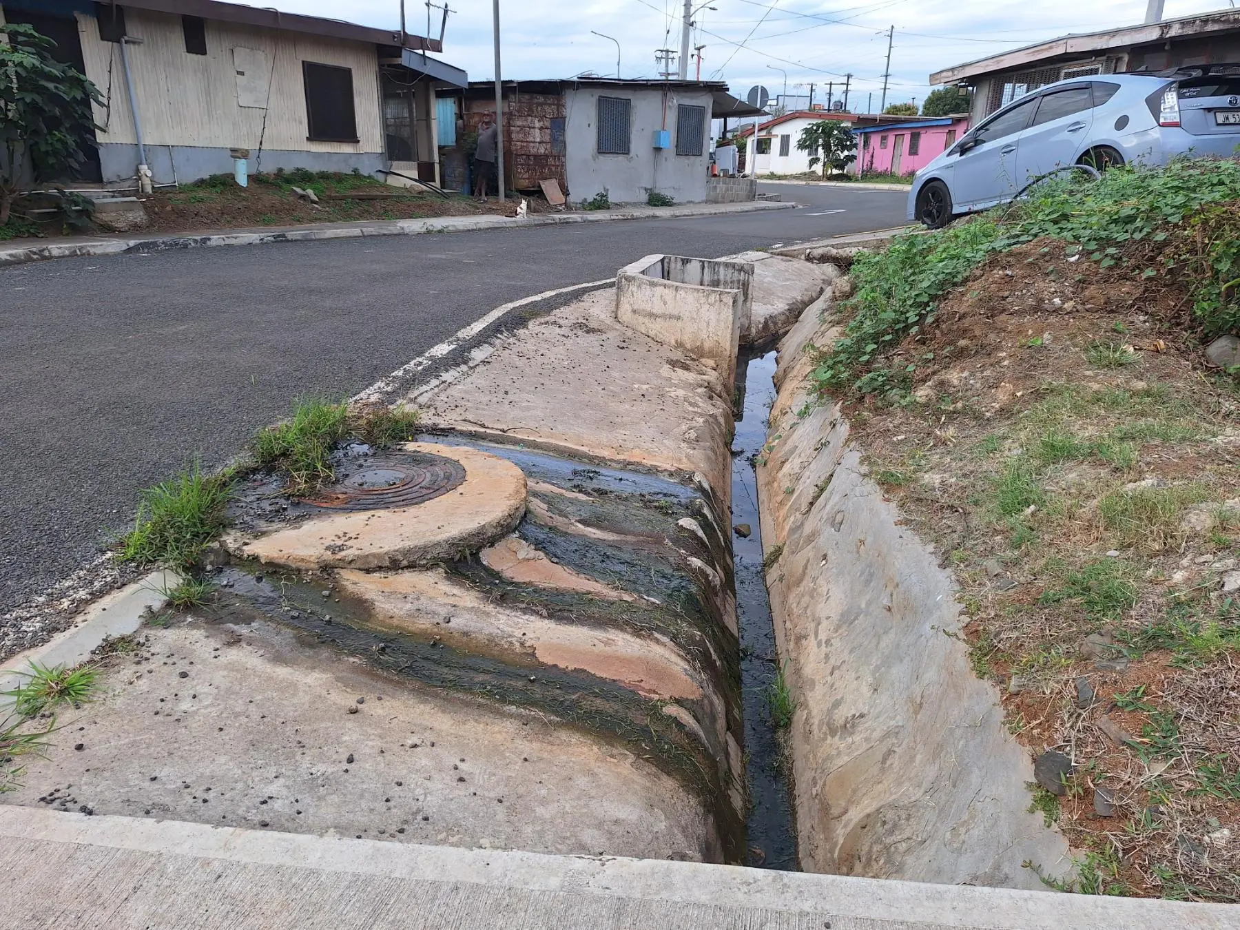 Overflowing chamber flows into roadside drains at Tavela Housing in Korovuto, Nadi. 