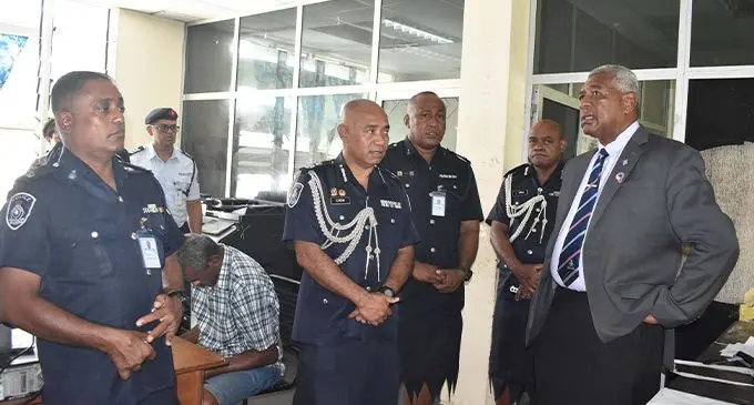 Minister Pio Tikoduadua with Acting Police Commissioner Juki Fong, Nadi Police Officer in Charge, Serupepeli Nakita, Chief Operation officer Livai Driu, Police Prosecutor Sergeant Pramesh Chand at the old Police station complex at Nadi Town. Photo: Mereleki Nai