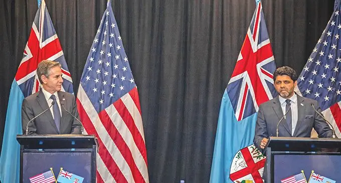 (Left) US Secretary of State Antony Blinken with the Acting Prime Minister Aiyaz Sayed-Khaiyum during a joint press conference at the Sofitel Resort & Spa in Nadi  on  February 12, 2022.   Photo: Leon Lord