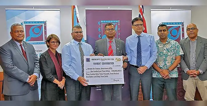 From left: Reserve Bank of Fiji Deputy Governor Esala Masitabua, RBF Board director Nikita Patel, RBF Governor Ariff Ali, Deputy Prime Minister and Minister for Finance Biman Prasad, RBF Board directors, Pradeep Patel, Shiri Krishna Gounder and Bobby Naimawi on Monday, September 25, 2023. Photo: Fiji Government
