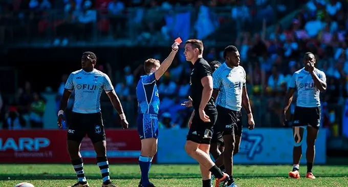 Fiji Airways Fijian 7s prop Sevuloni Mocenacagi is sent off the field for a dangerous tackle during the Cup semifinal match against New Zealand during the Sydney 7s at the Spotless Stadium on February 3, 2019.  Fiji lost 14-36. Photo: Bruce Southwick/ZoomFiji