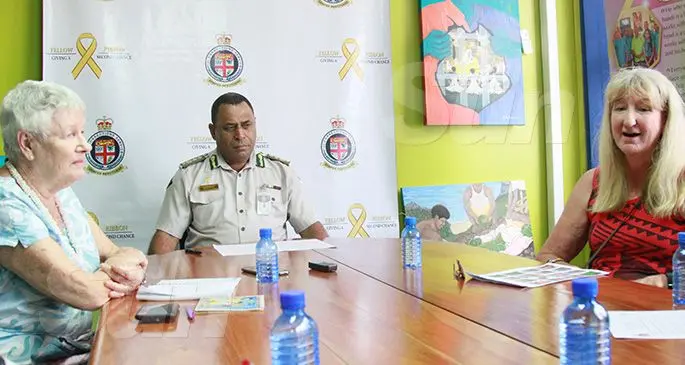 Fiji Corrections Services Deputy Commissioner, SP Apimeleki Taukei with volunteers Jane Ricketts (left) and Amanda Harman during a press conference on December 2, 2019. Photo: Kelera Sovasiga