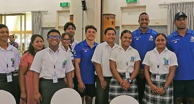 Swire Shipping Fiji Drua players in blue shirt: Caleb Muntz, Sailosi Vukaloko and Kitione Salawa with students of Jai Narayan College during the Recycling on the Go (ROG) Ambassadors Leadership Forum at Tanoa International Hotel in Nadi. Photo: Mereleki Nai