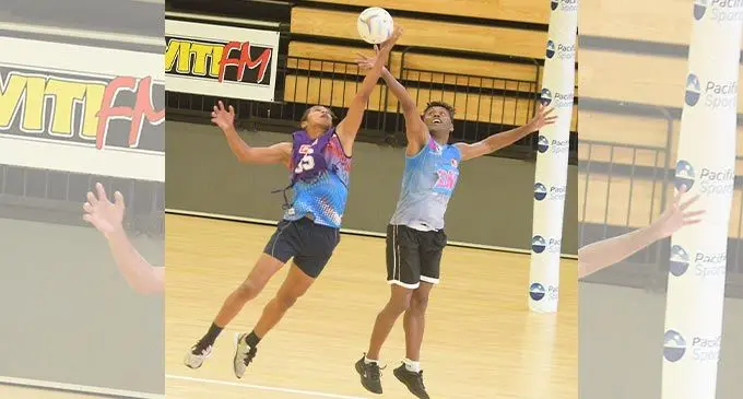 Action from the Suva Knights and Nadi Sunshine clash during the Fiji Netball Men’s Championship at the Vodafone Arena in Suva, this morning. Photo: Ronald Kumar.