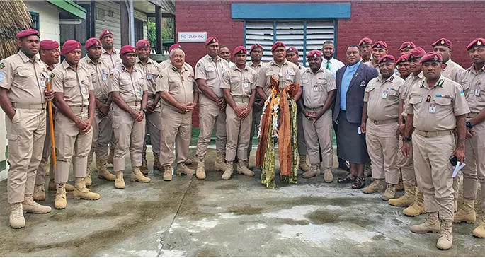 Fiji Corrections Services Commissioner Commander Francis Kean (8th from left) with members of the Namosi team, FCS officers and personnel after the thanksgiving church service at Korovou, Suva. on August 2, 2020. Photo: Fiji Corrections Service.