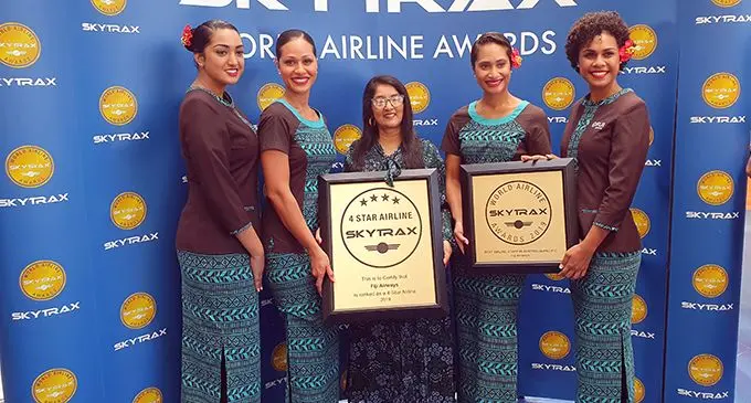 A proud moment for all Fijians. Fiji Airways yesterday wins recognition as one of the world’s best airlines. It came during the Paris air show, the biggest in the world. Shaenaz Voss (third from left), Executive General  Manager, Fiji Link and Group Corporate, International and Government Affairs with some of Fiji Airways staff after receiving the coveted Skytrax 4-star airline rating and best airline staff in Australia/Pacific award.   