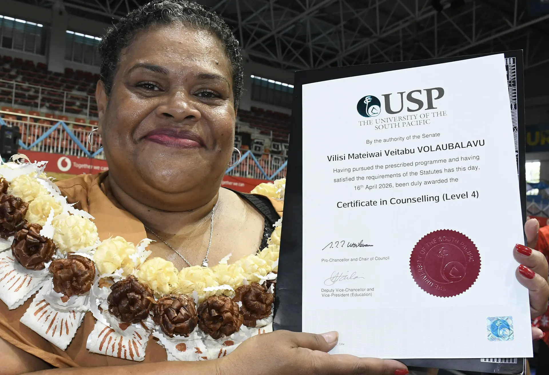Vilisi Volaubalavu with her certificate on April 16, 2026. Photo: Ronald Kumar