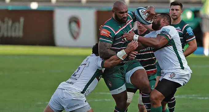 Nemani Nadolo of Leicester Tigers takes on the London Irish players in the Gallagher Premiership clash at Wells Road in England on August 27, 2020.  Photo: Sky Sports