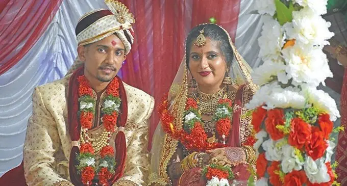 Labasa midfielder Ashnil Raju with his wife Shawashni after their marriage ceremony at the Khatriya Hall in Labasa on November 28, 2020.  Photo: Sereana Salalo