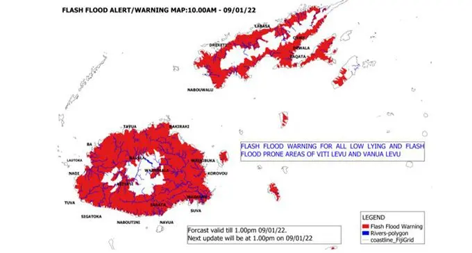 A flash flood warning is now in force for all low lying and flash flood prone areas of Viti levu and Vanua levu.  Photo: Fiji Met