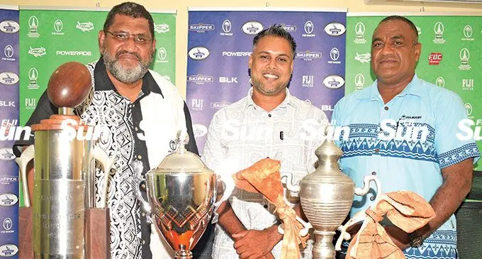 From left: Fiji Rugby Union chief executive John O’Connor, CJ Patel Group marketing manager Ashwin Prasad and FRU operations manager Sale Sorovaki at Rugby House on March 2, 2022. Photo: Ronald Kumar