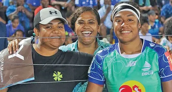 Rooster Chicken Fijian Drua Sulita Waisega with fans after their win over Western Force in the Super W semi-final in Suva. Photo: Fijian Drua