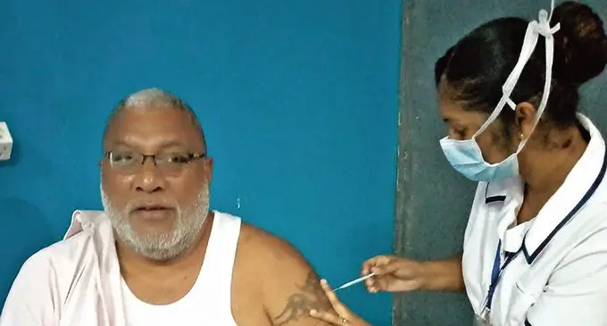 Tui Macuata Ratu Wiliame Katonivere receives his AstraZeneca vaccine at Macuata Tikina Building on April 14,2021. Photo: Laisa Lui