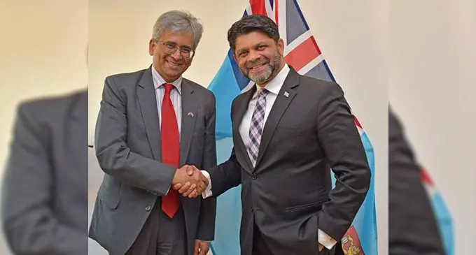 The Attorney-General and Minister for Economy Aiyaz Sayed-Khaiyum with India’s Secretary (East) Shri Saurabh Kumar, on Monday, July 18. Photo: DEPTFO