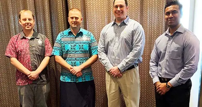 From left: General services officer Eric Vogel, US Army Attache Major Andrew Giesey, with Jeremy Scott and Tom Green. Photo: Fernando Lobendahn