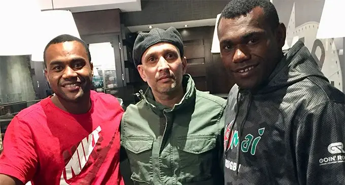 From left: Fiji Airways 7s winger Alosio Naduva, Asuad Ali and Asaeli Tuivoka in Vancouver, Canada on March 7, 2019.