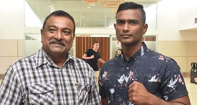 Promoter Ben Krishna and Sebastian Singh at the Nadi International Airport on November 27, 2019. Photo: Waisea Nasokia