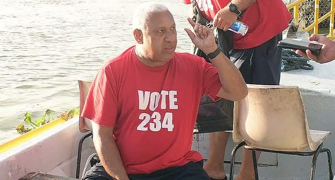 FijiFirst leader Voreqe Bainimarama at Nasali Landing, Rewa, on his way to Nadoi Village for a campaign meeting on December 6, 2022. Photo: Ronald Kumar