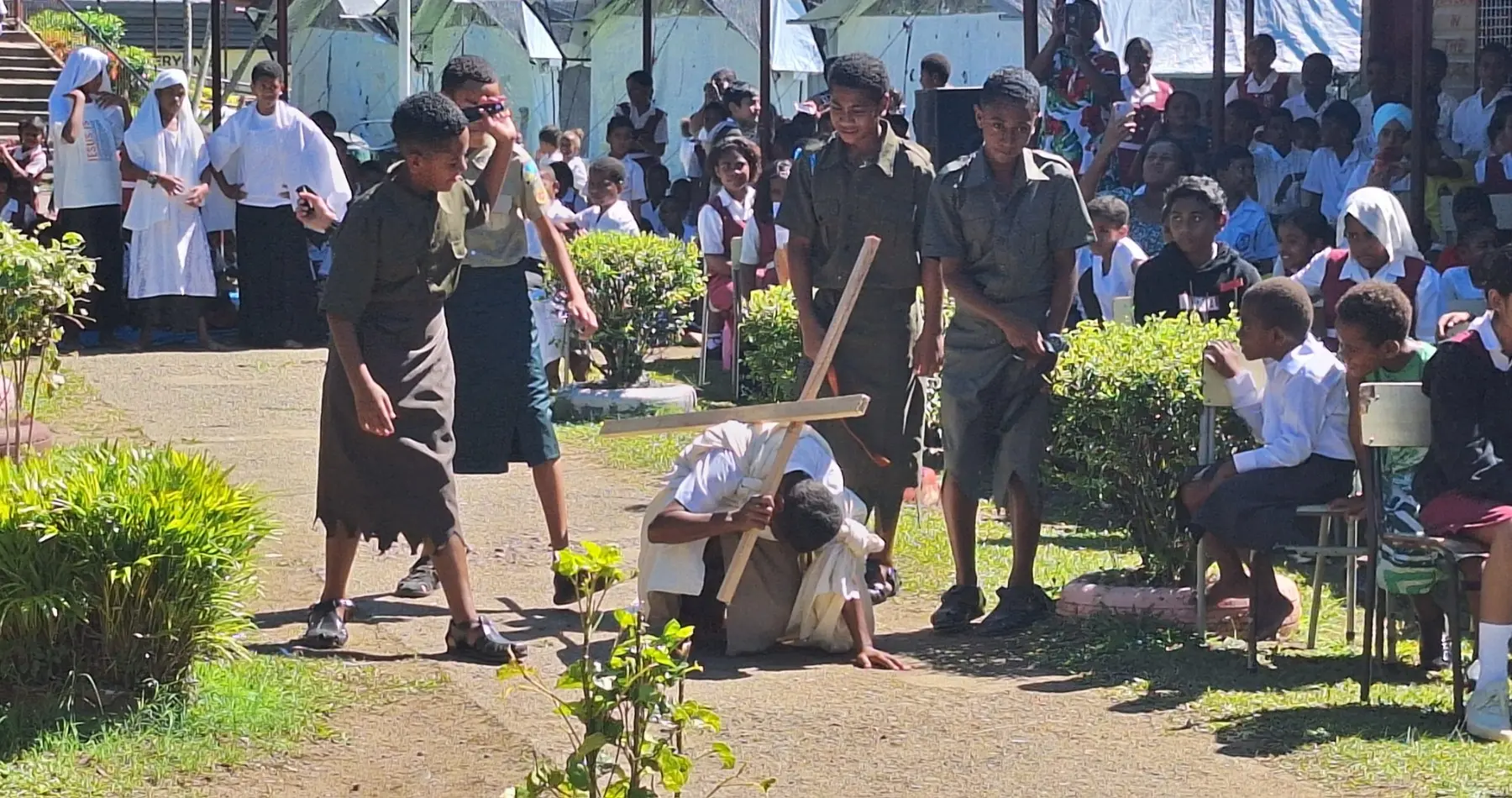 Students of Andrews Primary School dressed in biblical costumes illustrated how Jesus Christ was crucified.