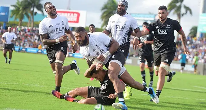 Waisea Nayacalevu (close to camera) scored two tries against the Maori All Blacks on July 13, 2019, at Suva’s ANZ Stadium. Nayacalevu plays professional rugby in Europe.  Photo: Ronald Kumar