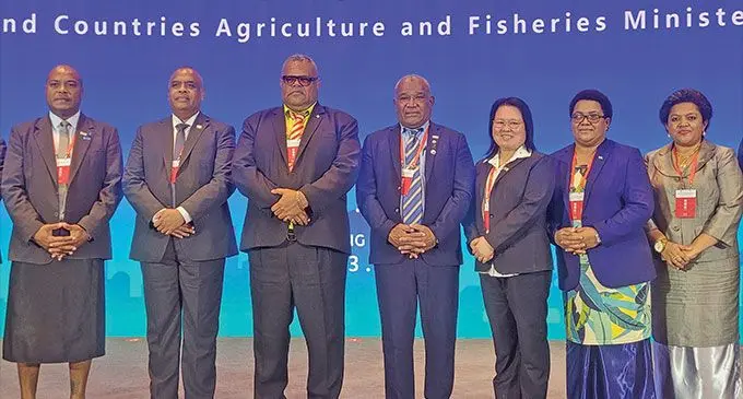 From left: Acting head of agriculture operations and services, Dr Tekini Nakidakida, Fiji’s Ambassador to the People’s Republic of China Manasa Tagicakibau, Minister for Agriculture and Waterways Vatimi Rayalu, Minister for Fisheries and Forestry Kalaveti Ravu, the Consulate General of the Republic of Fiji, Dr Yok Yee Chan, director of fisheries Neomai Ravitu and the second secretary Fiji Embassy in Beijing, Amelia Cobona at the Purple Palace in Nanjing. Photo: Ministry of Agriculture and Waterways