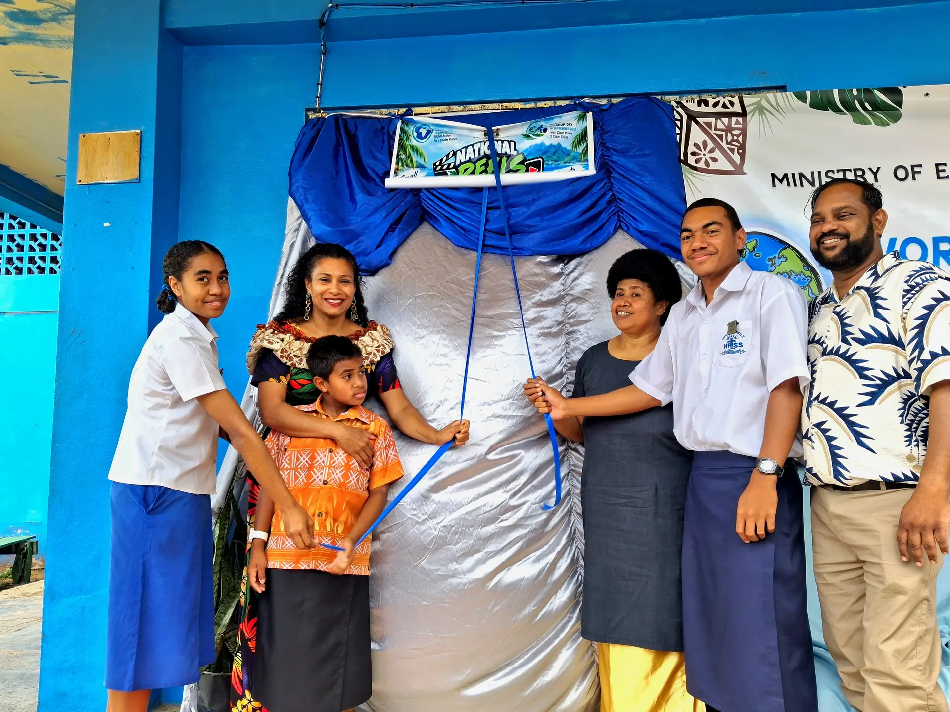 Head Girl Vilisita Daurewa (first from left), Minister for Information, Environment and Climate Change Lynda Tabuya (second from left) with her son, Holy Family Secondary School Principal Martina Rekitilako Rawalai (forth from left), Head Boy Ilisoni Raonu (fifth from left) and Labasa College teacher Roneel Ram at Holy Family Secondary School in Labasa on September 15, 2026. Photo: Devisha Prakash