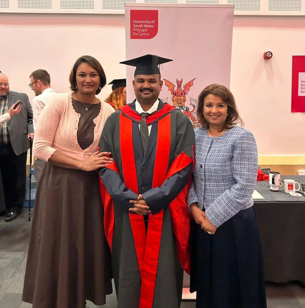 From left: Shyal Sharma (wife), Dr Aoneesh Arun Sharma and sister Pooja Sharma Shankar at the graduation. 