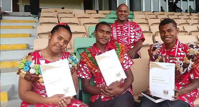 From left: Josivini Marama, Jocani Soronamata, and Niko Tikoinakida awardees of the Duke of Edinburgh international award, (back) Award Leader and Tailevu Provincial youth general secretary Peceli Raiqui at the Award ceremony in Suva on October 5, 2022. Photo: Jone Salusalu