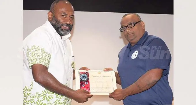 Minister for Health Dr Iferemi Waqainabete with Mean Products (Fiji) Pte Limited Manager Sanjay Singh during the product handover to Ministry of Health on November 11, 2020. Photo: Ronald Kumar