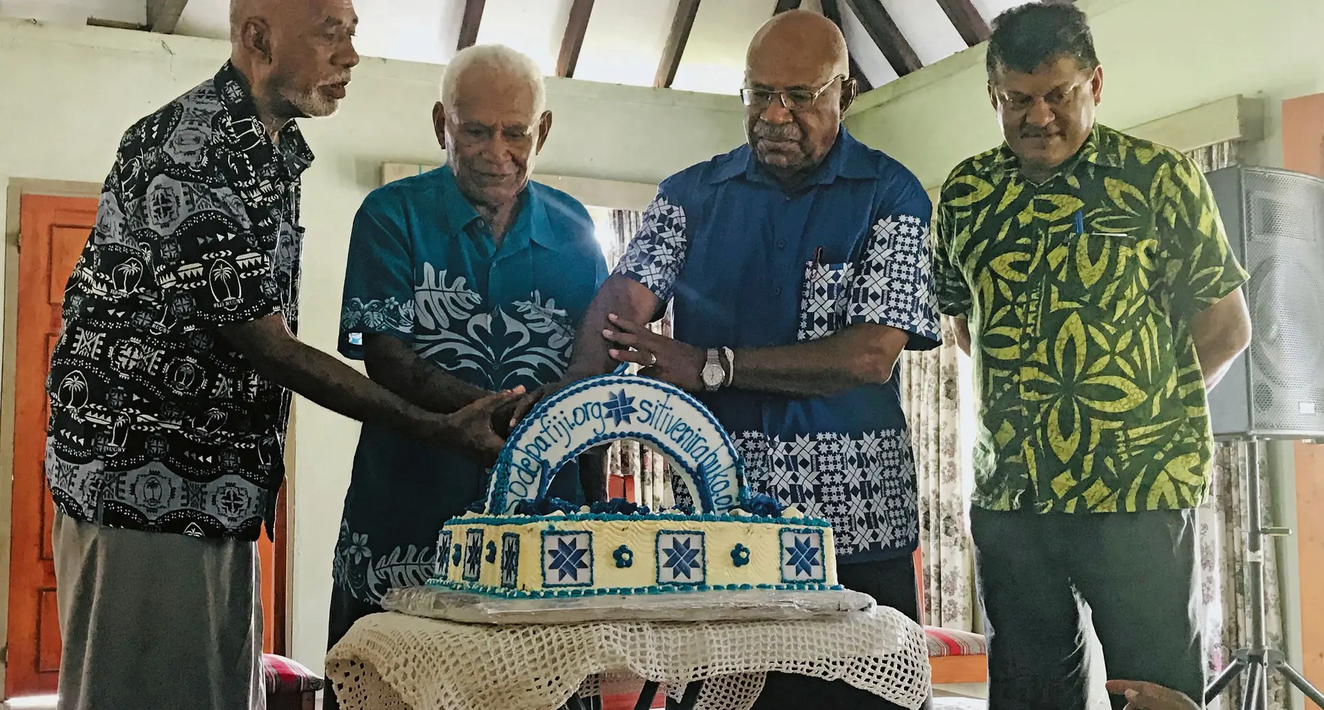 From left:Tui Nadi Ratu Vuniyani Navuniuci, Tui Vuda Ratu Eparama Kitione Tavaiqia, SODELPA Party leader Sitiveni Rabuka and Vijay Singh cut the cake to launch the two websites for SODELPA at Viseisei village in Vuda on February 9, 2018.  Photo: Lusi Banuve
