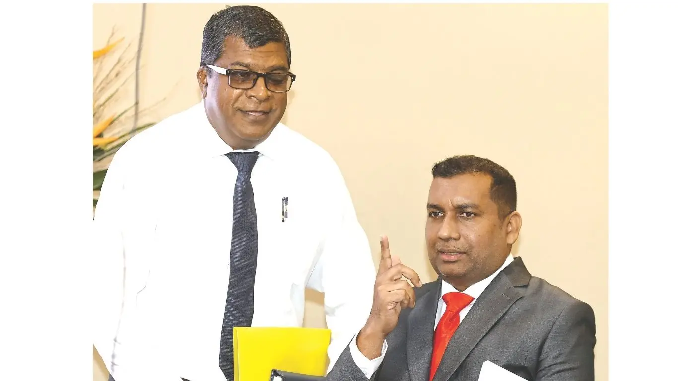 University of the south Pacific senior economist Mahendra Reddy (standing) and  Dialogue Fiji  executive director Nilesh Lal during the state of the Fijian economic dialogue 2026 at the Grand Pacific Hotel in Suva on June 9, 2026.