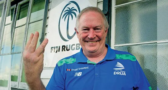 Swire Shipping Fijian Drua chief executive officer Brian Thorburn with the ‘W’ sign for their first Super Rugby Pacific win at the Fiji Rugby Union office in Suva on March 9, 2022. Photo: Ronald Kumar.
