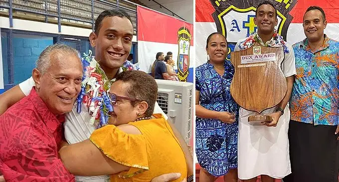 Daniel Fatiaki, Jean Fatiaki and Martha Fatiaki at the Marist Brothers High School annual awards night at the National Gymnasium on December 7, 2022. (R) Jean Fatiaki with his proud parents.