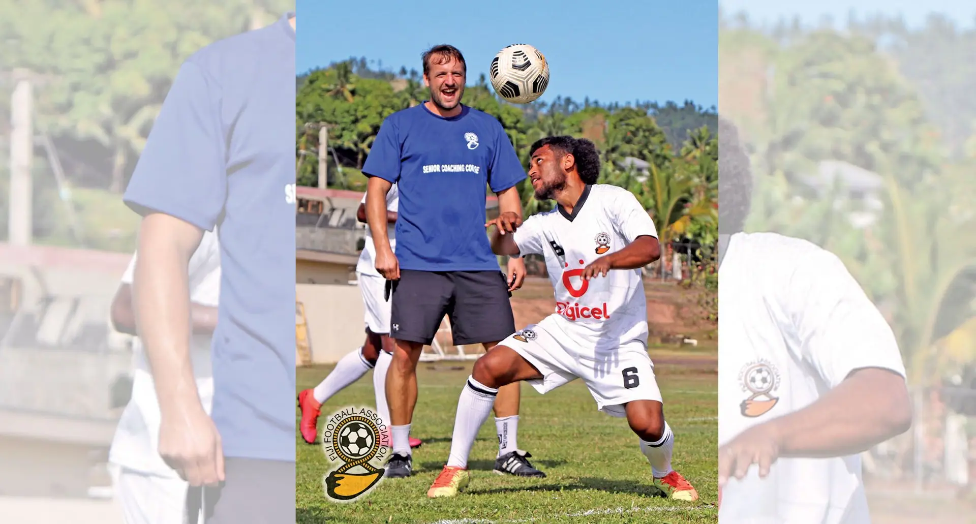 Navua striker Thomas Dunn heads the ball during national football training while national team director Timo Jankowski looks on at the Fiji Football Academy in Ba on October 10, 2021. Photo: Fiji FA Media