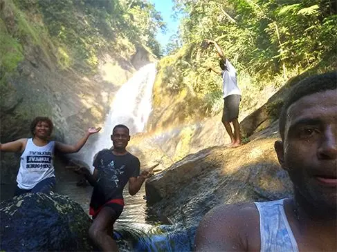 Matelita Katamotu left with tour guide Matia Belena at Domoika falls in Waivaka, Namosi