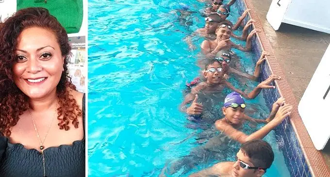 Fashion designer, Moira Solvalu and The members of the Northern Club’s, The Great White Sharks Swimming Club.