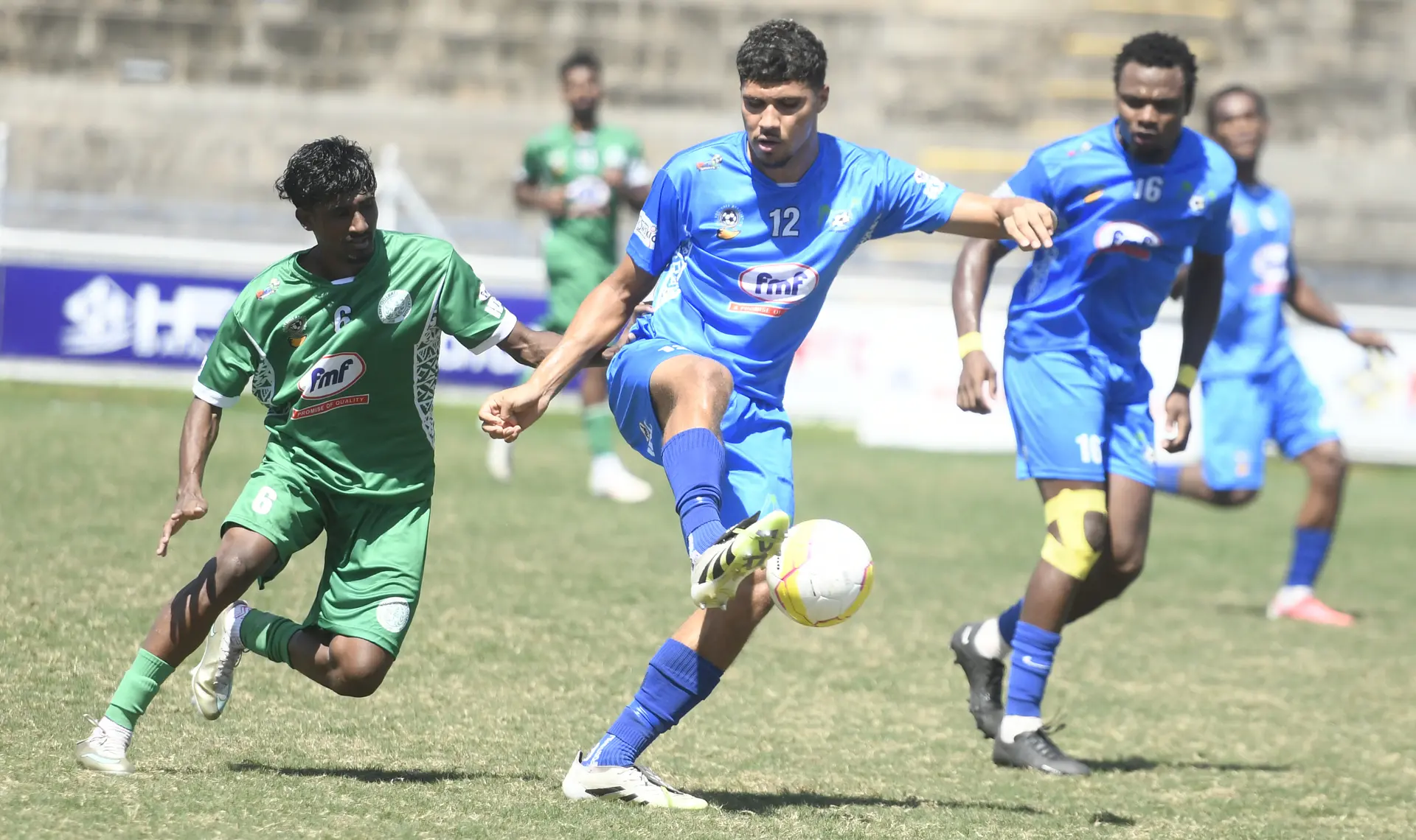Lautoka tough defender Sterling Vasconcellos shields the ball away from Nadi's Nilkash Prasad (Left) during the FMF Inter-District Championship at Suva's National Stadium on October 7, 2026. Lautoka won 5-2. 