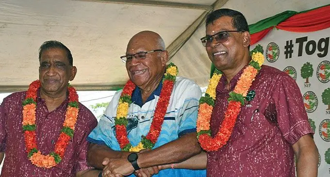 National Federation Party president Parmod Chand, Prime Minister Sitiveni Rabuka and Deputy Prime Minister Biman Prasad at the National Federation Party’s convention at Nadroga Sangam School, in Malaqereqere, Nadroga on October 12, 2024. Photo: Waisea Nasokia