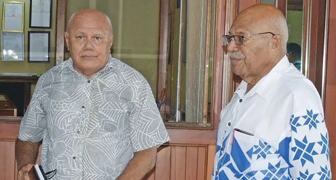 From left: SODELPA MP Viliame Gavoka and Opposition Leader Sitiveni Rabuka in Suva on November 27, 2020.  Photo: Ronald Kumar 
