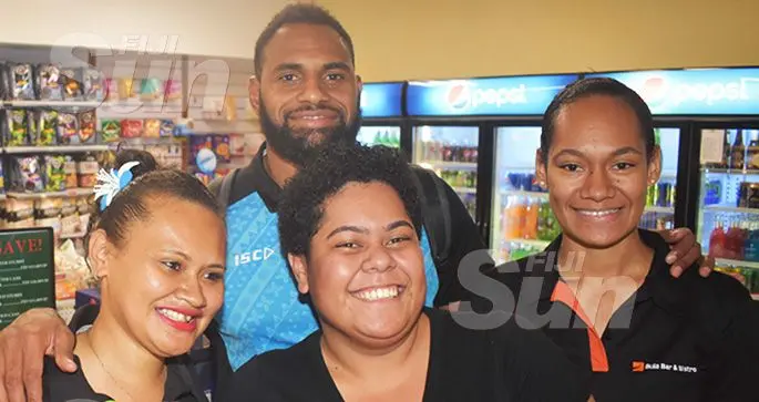 Fiji Airways Flying Fijians flanker and Olympian Semi Kunatani with fans at Nadi International Airport on October 15, 2019. Photo: Waisea Nasokia