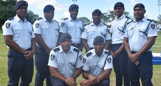 Nadi rugby player graduated as Police constables yesterday. From left (back) Inia Rokomatu , Simione Tora , Isoa Donaldson, Kavekini Varo, Veniona Vuki, Ron Katonivere. Front: Aporosa Saukuru, Jolame Luvevou during the Fiji Police Medal Parade and certificate presentation at Prince Charles Park, Nadi on July 13, 2020. Photo: Waisea Nasokia