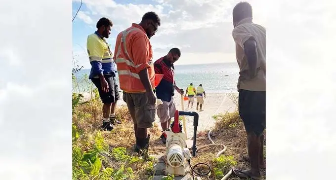 Workers from the Water Authority of Fiji (WAF) Labasa team at Ligau village in Kia Island on August 26, 2021.