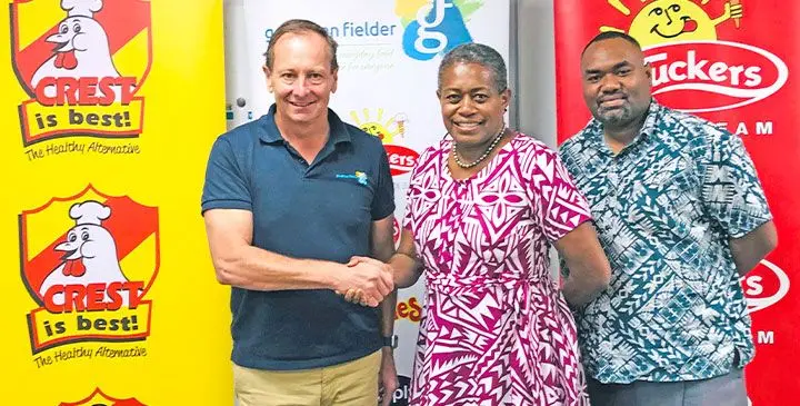 From left: Goodman Fielder Fiji general manager Tim Carter, chairperson Lifeline Fiji and permanent secretary of Ministry of Justice Selina Kuruleca and Life Line Fiji chief executive officer Jeremaia Qalobula during the partnership announcement at the Goodman Fielder Cafeteria in Vatuwaqa, Suva on March 10, 2025. Photo: Viliame Tawanakoro