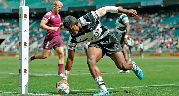 Fiji Airways Fijian 7s halfback Philipo Bukayaro scores a try against England in the Cup quarterfinal of the London Sevens in Twickenham, England, on May 29,2022. Photo: World Rugby