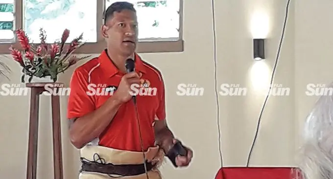 Former Wallabies’ and Ikale Tahi winger Israel Folau shares his testimony at the Api Tonga church in Suva on June 29, 2022. Photo: Sereana Salalo