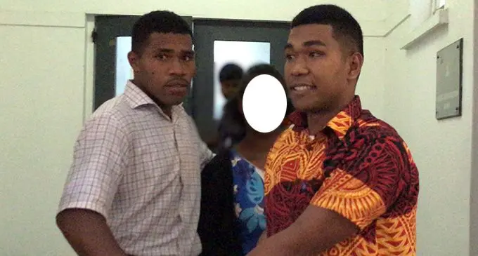 Viliame Mocevakaca, 20, (in bula shirt) and Josaia Delai, 19, outside the High Court in Suva on May 4, 2020.  Photo: Ashna Kumar