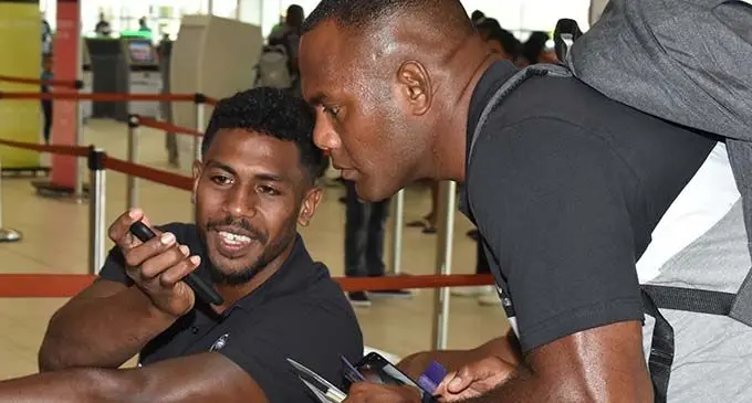 Fiji Airways Flying Fijians halfback Frank Lomani (left) with No.8 Eremasi Radrodro at Nadi International Airport on November 9, 2019. Photo: Waisea Nasokia