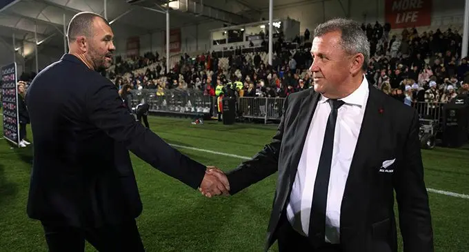 Argentina's head coach Michael Cheika (left), and New Zealand's head coach Ian Foster (right) shake hands after Argentina won their Rugby Championship test match. Photo / AP