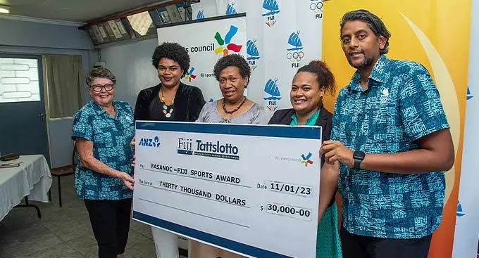 From left to right FASANOC development manager Lyndall Fisher, Kinisimere Waqa, Litia Sebibulu, Luisiana Tamarisi (senior manager Tattslotto) and FASANOC sponsorship and marketing manager Ritesh Ratiram in Suva on January 11, 2023 . Photo: Leon Lord