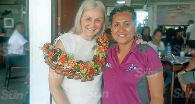 Outgoing Fijian Pearls head coach, Jennifer Brazel (left) and Netball Fiji president, RubyAnn Sorovaki at Nausori International Airport, on March 8, 2021. Brazel has resigned from her coaching role. Photo: Sereana Salalo